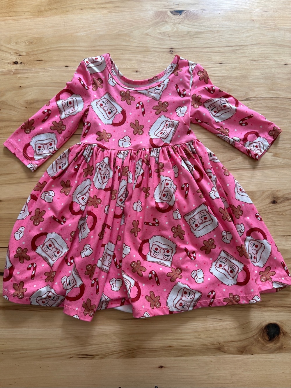 Toddler Girl Pink Holiday Santa & Gingerbread Twirl Dress w/ Pockets